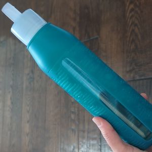 LULULEMON I Glass Water Bottle with Teal Blue Silicone Sleeve